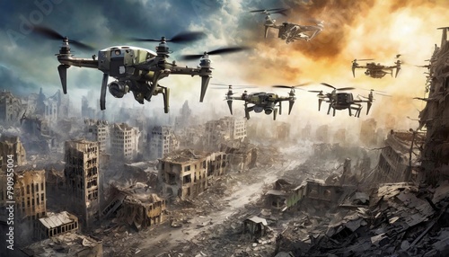 apocalyptic world after the war - military drones (unmanned aerial vehicles) in the sky above a destroyed city