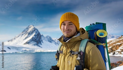 expedition to the Arctic (or Antarctica, Antarctica) - ice, snow, icebergs - and a man in winter tourism equipment