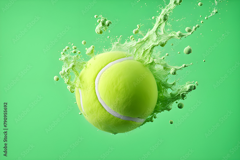 still image of a flying tennis ball containing light green powder against a green background.