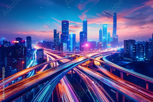 High speed expressway illuminated by colorful light trails under a starry sky symbolizing urban motion