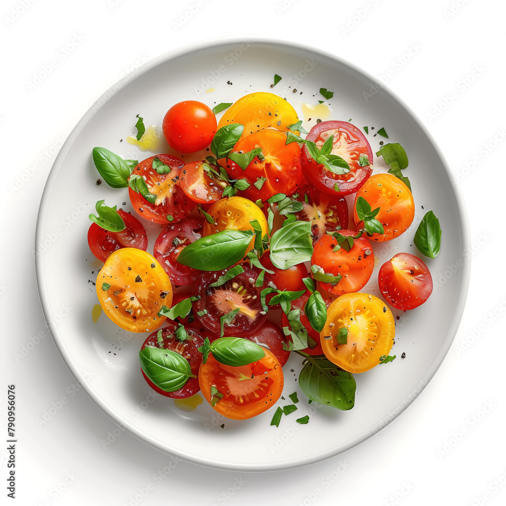 Light vegetarian salad with colorful cherry tomatoes, garnished with basil and herbs, on a ceramic plate. Healthy vegetables from summer garden. White background, top view. Light vegetarian salad with colorful cherry tomatoes, garnished with basil and herbs, on a ceramic plate. Healthy vegetables from summer garden. White background, top view.