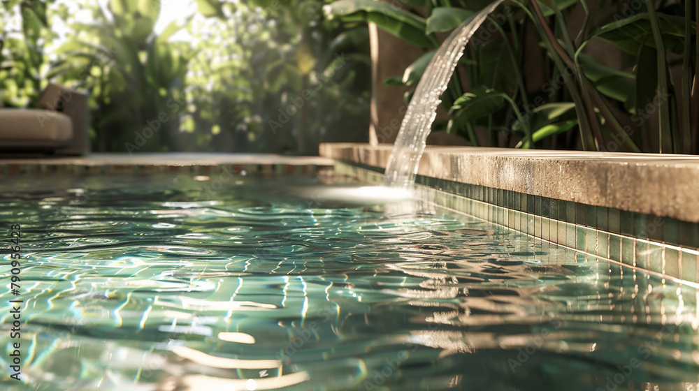 Water laps gently against the pool's tiled edge, a soothing rhythm