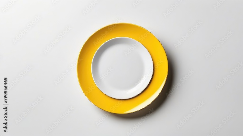 Empty round yellow plate on a white isolated background. Top view, Place for text.