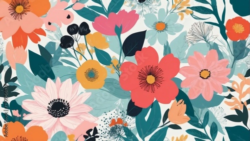 Playful florals  Bright and colorful hand-drawn flowers arranged in a contemporary collage pattern  providing a fashionable template for creative projects.