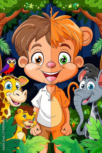 A boy and his animal friends in the jungle surrounded by thick vegetation. Cartoons for children. 