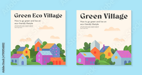 Green eco village brochure concepts with houses hills and trees.Web page design templates with countryside in the spring or summer.Vector layouts for real estate website prints flyers banners