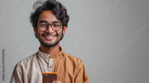 Happy smiling indian business man employee or manager standing isolated on gray background holding using digital tablet advertising online product, business trainings webinars, websites or services. photo