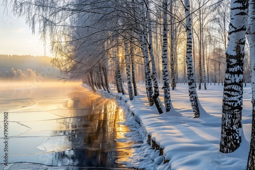 Icy birch trees lining a frozen river at dawn exuding a tranquil frosty winter aura