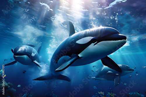 family of killer whales plays in the ocean waves on a sunny day underwater. World Whale Day.