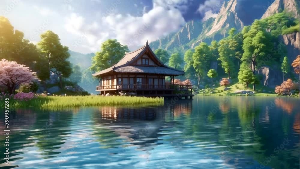 Japanese house by the lake and beautiful sky Japanese house by the lake and beautiful sky