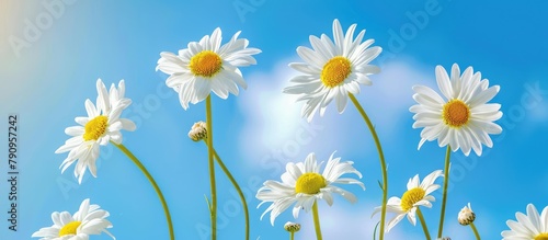 White daisies set against a blue sky backdrop