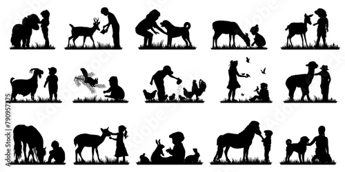 Children and pets silhouettes on white background. Little girls and boys play and feed domestic animals. Vector illustration.