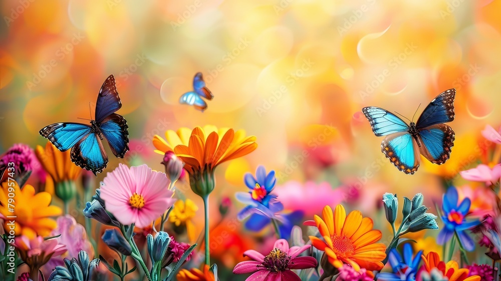 Two butterflies flying over a field of flowers
