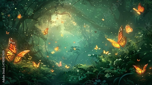 A forest scene with many butterflies flying around