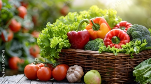 A basket full of fresh vegetables including tomatoes  broccoli  and peppers