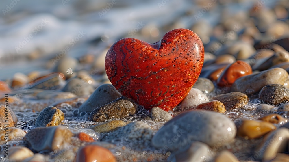 Fototapeta premium A heart is sitting on a pile of rocks on a beach