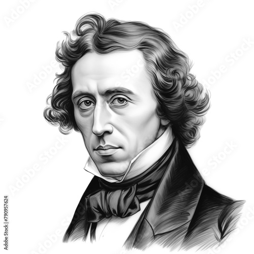 Black and white vintage engraving, close-up headshot portrait of Frédéric François Chopin, the famous historical Polish Romantic music composer and virtuoso pianist, white background, greyscale photo
