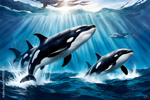 family of killer whales plays in the ocean waves on a sunny day underwater. World Whale Day.