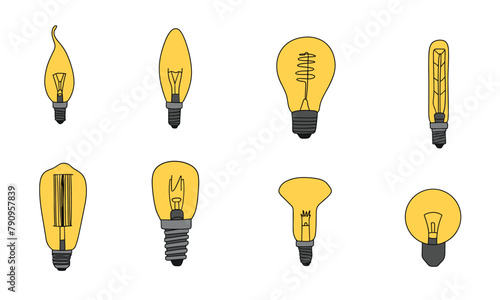 Collection of incandescent lamps different type doodle style. Hand drawn vector art.