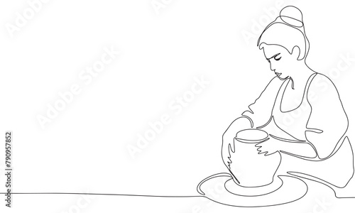 Potter woman one line continuous. Line art potter banner concept. Hand drawn vector art.