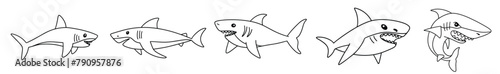 Set of sharks in doodle style. Hand drawn vector art.