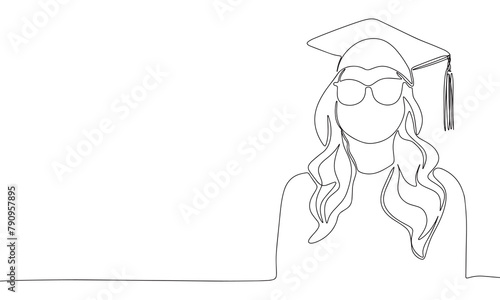Graduation girl one line continuous. Line art graduated banner concept. Hand drawn vector art.