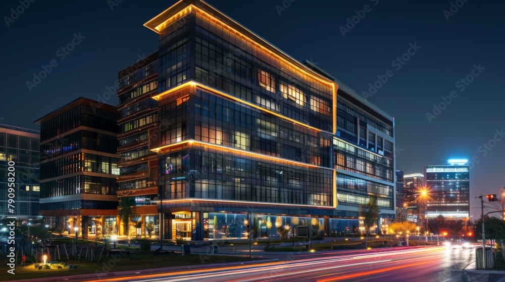 A modern office building lit up with sleek LED lights, symbolizing progress and innovation in the heart of the city.