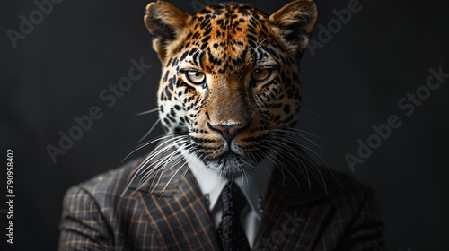 Leopard attorney in court dressed in a tailored suit representing legal acumen with a wild twist