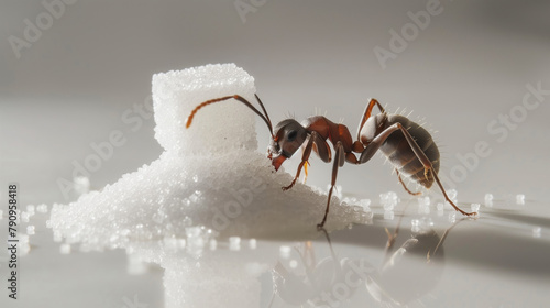 A small brown ant is standing on a sugar cube. Concept of curiosity and determination as the ant tries to climb the sugar cube. a single ant caring a cube of sugar on its back, white background photo