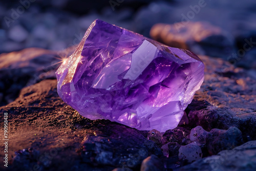 A large purple crystal is sitting on a rock. purple perlite stone.