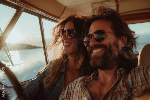 A man and his partner enjoy a joyful time on their yacht, driving together and smiling. The woman, with long hair and sunglasses, shares in the happiness, as they gaze at the sea, creating a blissful 