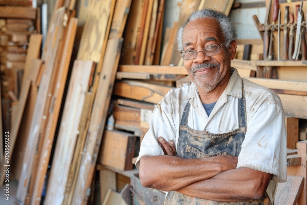 African American woodworker in his workshop, Determined woodworker in white shirt, brown apron, stands with arms crossed, amidst carpentry creations. African American woodworker in his workshop, Determined woodworker in white shirt, brown apron, stands with arms crossed, amidst carpentry creations.