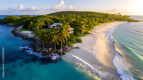 Aerial view of beautiful tropical beach with palm trees, blue ocean and sunset sky. Drone photography.