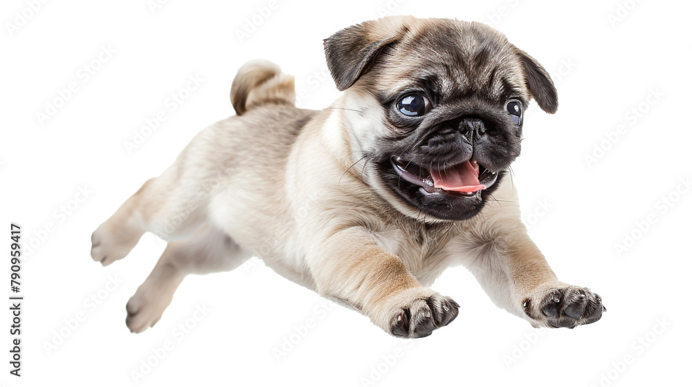 A playful Pug puppy bouncing happily mid-journey, isolated on transparent background, PNG file