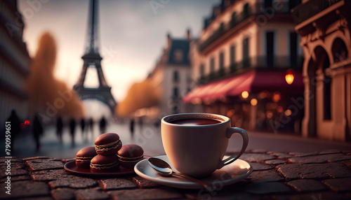 Cup coffee in the background Paris Eiffel Tower. Generative AI 