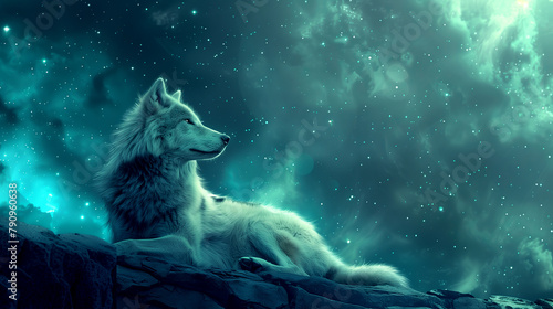 A wolf lying on the edge of a rock stared at the starry sky. © OHMAl2T