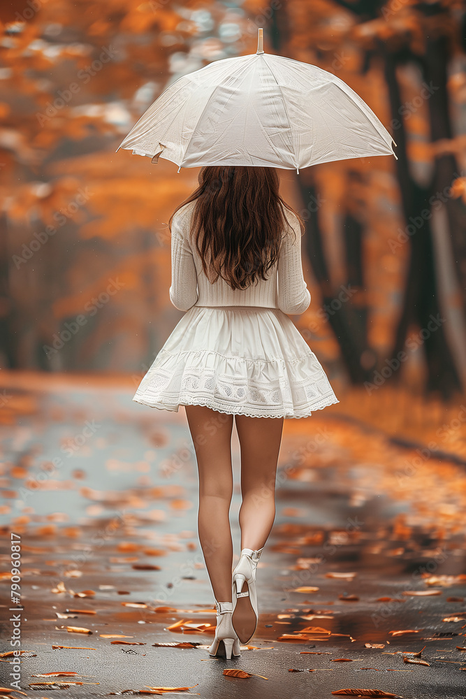 Woman in a white dress walks under an umbrella amidst fall foliage.
