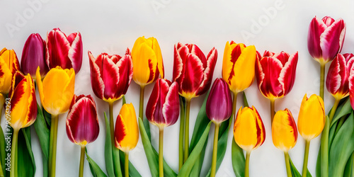 Vibrant tulips arranged in a row on a white background, showcasing a mix of purple, red, yellow, and bicolor flowers. Ideal for Mother’s Day promotions, floral business marketing  photo