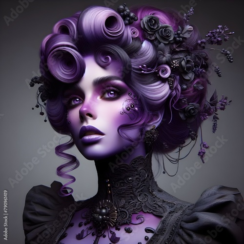 Highly detailed portrait of a purple-skinned woman neat hairstyle.