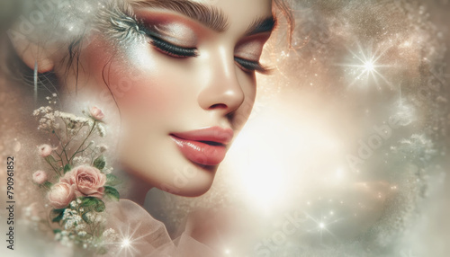 AI generated illustration of a serene woman with ethereal makeup, gossamer fabrics