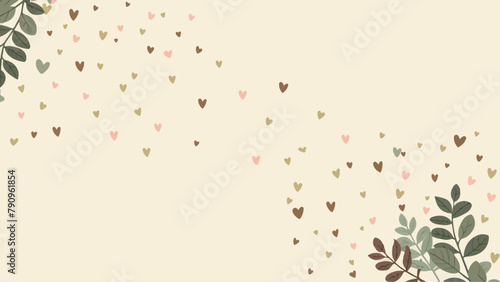 A light-colored background adorned with a beautiful arrangement of leaves and hearts. On the left side, there's a cluster of green leaves, while on the right, there's a mix of green and brown leaves.  © Hogr