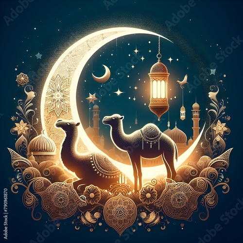 Eid mubarak, eid al adha mubarak with a camel and with a cloudy background with mosque , moon, lamps, stars  muslim festival 2024. Eid celebration, ai generated images photo