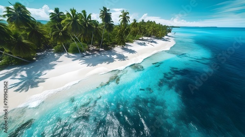 Aerial view of beautiful tropical beach with white sand, turquoise ocean water and coconut palm trees. Panorama