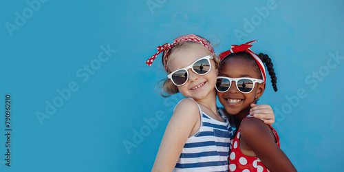 Two Best Friends in Sunglasses and Dressed in 4th of July Clothes on a Blue Background with Space for Copy photo