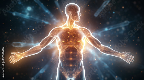 Human body with glowing golden energy flowing inside, on dark sparkling background with blue rays. Figure of energized healthy fit man with spread arms, filled with shiny energy.