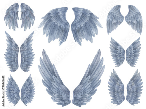 Watercolor blue Angel Wings illustration. Hand painted set of wings with feathers for prints, banners