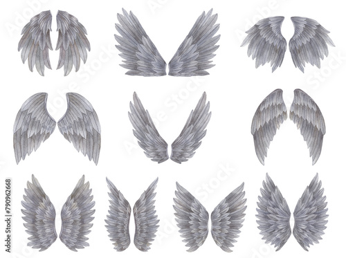 Watercolor grey Angel Wings illustration. Hand painted set of wings with grey feathers for prints, banners
