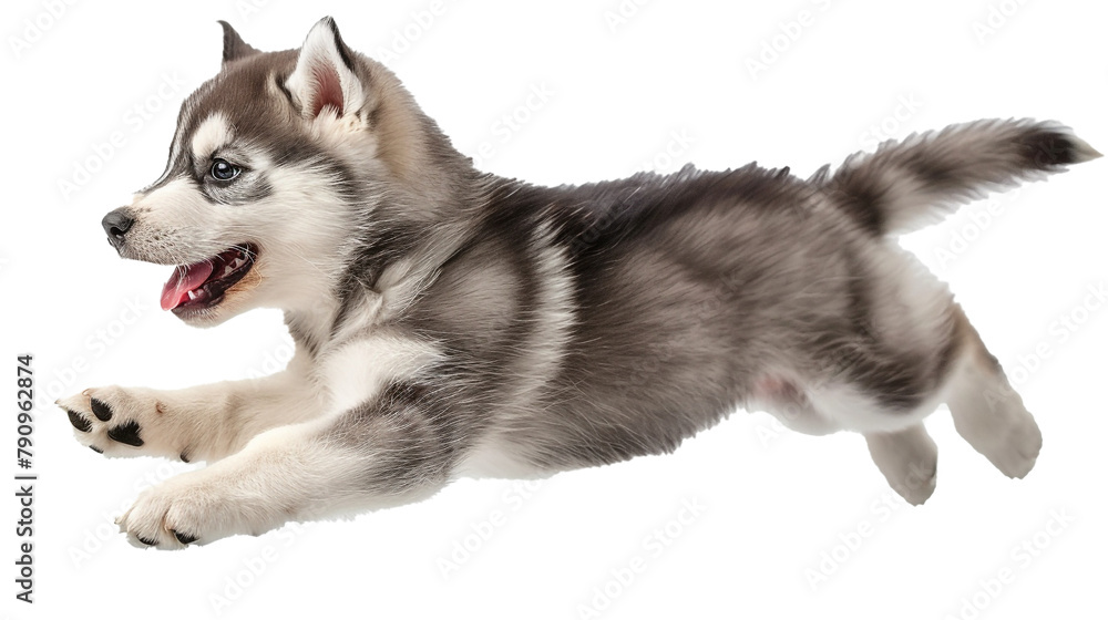 An energetic Siberian Husky puppy jumping enthusiastically mid-journey, isolated on transparent background, PNG file