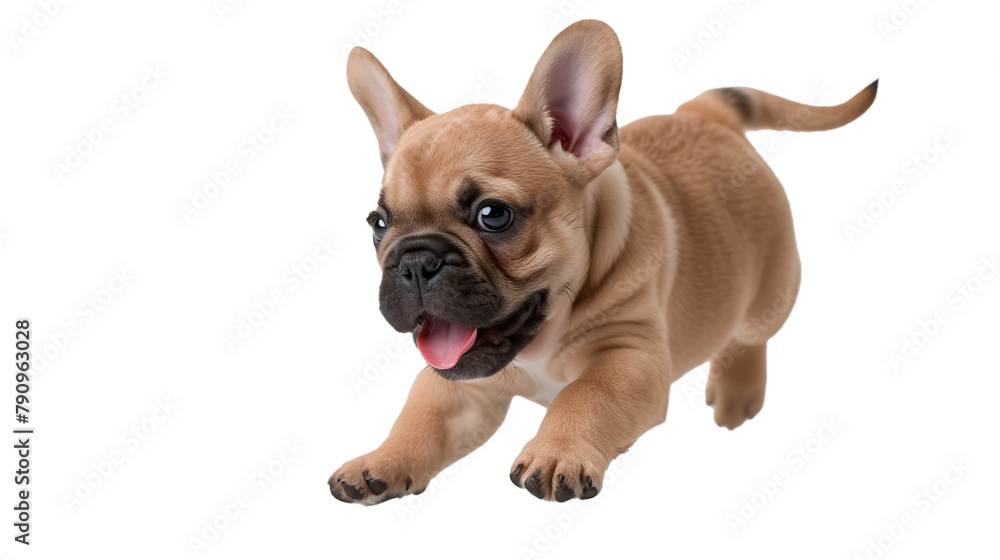 A curious French Bulldog puppy exploring mid-journey, isolated on transparent background, PNG file