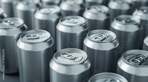 Close-up of aluminum cans with shiny texture on a matte grey background, ideal for sustainability themes and eco-friendly product packaging
